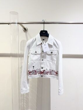 🚩steal Dior White Cropped Denim Jacket with Red Floral Embroidery